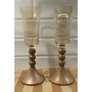 Bombay Co. set of 2 Gold & Amber Champagne Flutes 10” Glasses Made in Poland Box